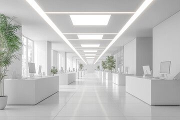 Bright White Modern Office with Sleek Rows of Contemporary Furniture and Clean Design