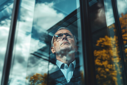 man in a suit is looking out a window, possibly at the trees outside. Concept of contemplation or reflection, as the man is deep in thought