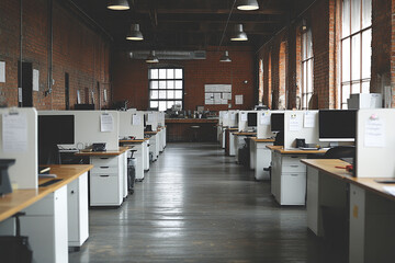 Bright White Modern Office with Sleek Rows of Contemporary Furniture and Clean Design