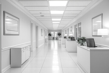 Bright White Modern Office with Sleek Rows of Contemporary Furniture and Clean Design