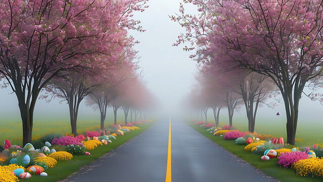 Foggy road lined with cherry blossoms and Easter eggs - Powered by Adobe
