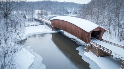 Long, narrow covered bridge crossing over a frozen river in a snow-covered landscape