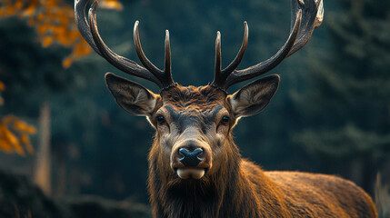 Deer with large antlers stands in a forest. Concept of wildness and natural beauty