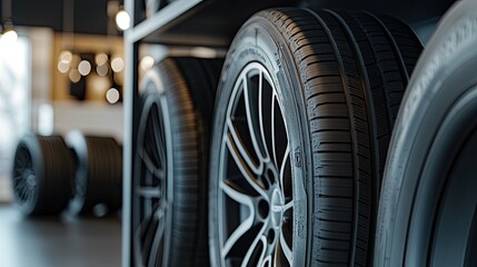 Shelves filled with new tires showcase various tread patterns in a well-lit car workshop, emphasizing a tidy, organized environment