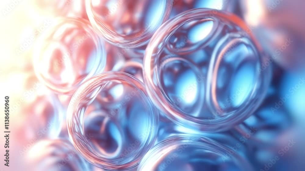 Poster Abstract animation of spherical glass shapes with light effects creating a harmony of blue and orange tones, emphasizing the layered composition and depth of field effect
