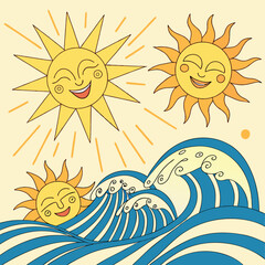 Summer-inspired suns and waves in vibrant yellows and blues Illustrator Artwork