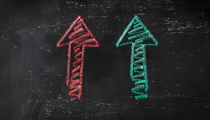 Hand drawing of green and red chalk in up and down arrow shape on black board background