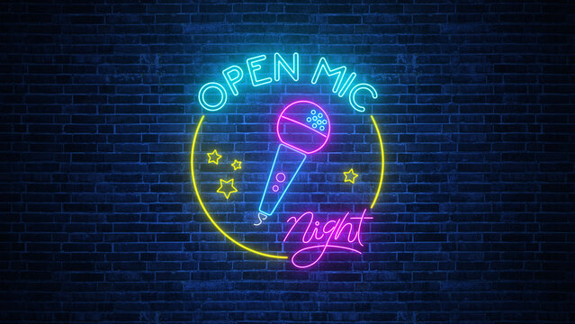 open microphone night show sign neon lights on brick wall background, bar and club comedy and humor show party background	
