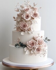 Elegant three-tier cake adorned with soft pink roses and delicate floral accents, perfect for weddings.