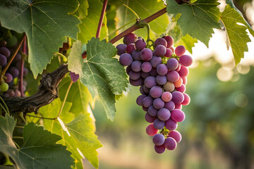 Fototapeta premium A cluster of ripe purple grapes hanging from a vine, surrounded by lush green leaves, capturing the essence of a vineyard at sunset.