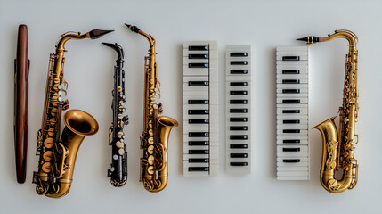 Photo of Various Musical Instruments Arranged on a White Background, Including Piano Keys and a Saxophone