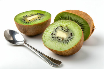 Fresh kiwi fruit halved, showcasing vibrant green flesh and seeds, with a spoon beside for easy serving.