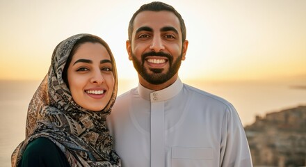 Smiling middle eastern couple at sunset embracing cultural heritage and togetherness