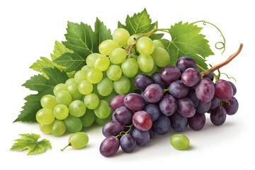 Fototapeta premium Fresh green and purple grapes arranged with leaves, showcasing their vibrant colors and natural beauty.