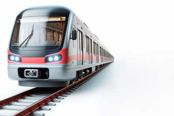 A modern train on rails on a white background. Space for text.