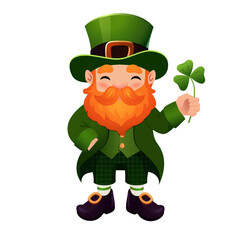 A bright and colorful vector illustration of a cheerful leprechaun with a big orange beard, dressed in a green outfit, and holding a lucky four-leaf shamrock. This cartoon-style character features