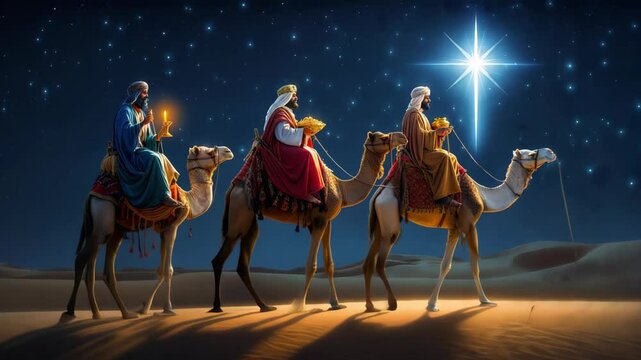 Three wise men ride camels through the desert at night, following a bright star that guides their journey, symbolizing hope and faith during the christmas season