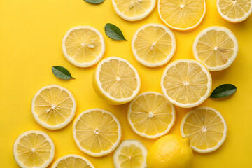 Fototapeta premium Fresh lemon slices arranged on a vibrant yellow background, showcasing their juicy texture and bright color.