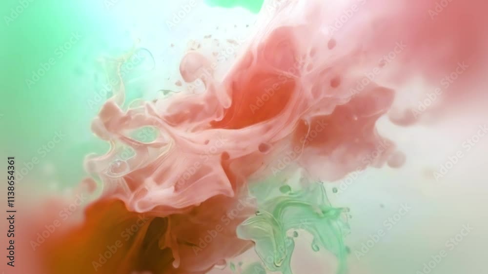 Poster Abstraction with moving colored organic liquid forms merging into a moving composition. Pink and green tones give the scene a sense of fluidity, as if we were facing streams of liquid ink