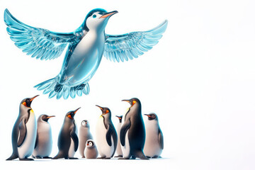 Naklejka premium An icy penguin hovers in the sky above a group of penguins. Space for text.