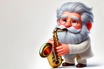 An old man with a white beard plays the saxophone. Space for text.