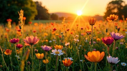 Fototapeta premium Lush meadow with blooming flowers and a warm golden glow at sunrise