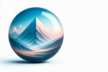 Fototapeta premium A mountain inside a transparent glass ball on a light background. Space for text.