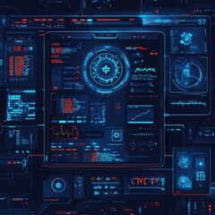 Futuristic digital dashboard featuring intricate data analytics and glowing interface elements in blue and red hues.