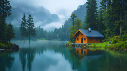 Enjoy a peaceful retreat in a cozy cabin by the lake, surrounded by majestic mountains and lush trees, perfect for unwinding and connecting with nature