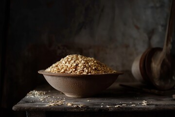 Raw oatmeal in a clay bowl on a dark background. Selective focus.