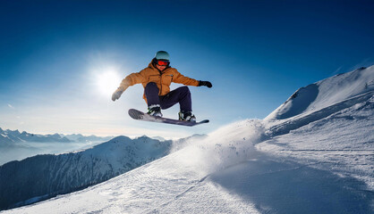 Snowboarde performing tricks jumping through air with deep blue sky in background sporty tourist snowboarding in the sunny day performs trick flying off 