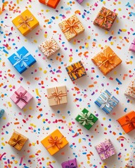 Colorful gift boxes scattered among confetti create a joyful and festive atmosphere.