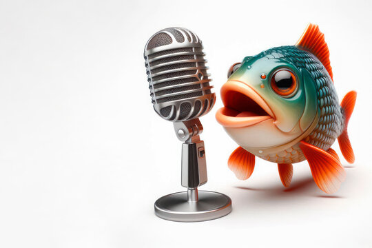 A fish with a microphone sings a song. Space for text.
