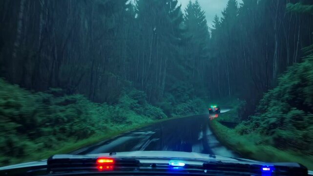 Police car chase through rainy forest road at night. Emergency vehicle pursuit. Rescue operation concept. Law enforcement