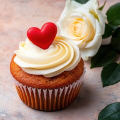Delicious cupcake with creamy frosting topped with a red heart, placed near a white rose, AI