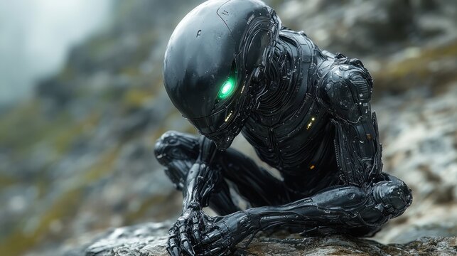 A melancholic, black robotic alien sits on rocks in a misty mountain environment, its glowing green eyes downcast.