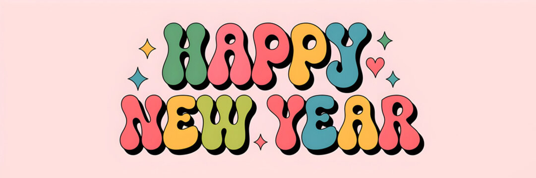 Happy New Year text in colorful retro bubble font with stars and hearts, vintage typography design on pastel pink background