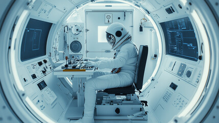 Space engineer working in a white assembler room