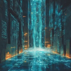A futuristic digital landscape with cascading data streams and glowing circuitry, evoking a high-tech atmosphere.