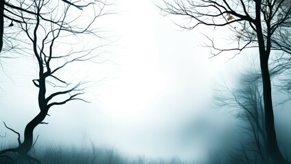 Obraz premium Misty forest, bare trees, silhouettes, foggy landscape, eerie atmosphere, monochromatic, blue tones, minimalist composition, ethereal scene, mysterious mood, winter branches, tranquil water reflection