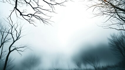 Obraz premium Misty forest, bare trees, silhouettes, foggy landscape, eerie atmosphere, monochromatic, blue tones, minimalist composition, ethereal scene, mysterious mood, winter branches, tranquil water reflection