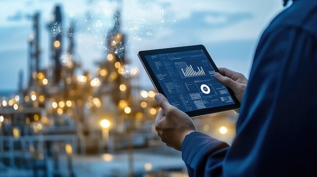 A scientist in protective gear uses a tablet to examine digital energy graphics against a blurred city backdrop at night - Powered by Adobe