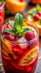 Refreshing fruit punch with raspberries, citrus slices, and mint leaves for a summer look