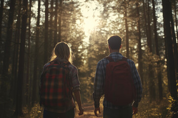 Fototapeta premium A young couple with backpacks hiking through a lush forest at sunset. Sunlight filters through the trees, casting a golden glow. Peaceful outdoor scene with adventure and exploration vibes