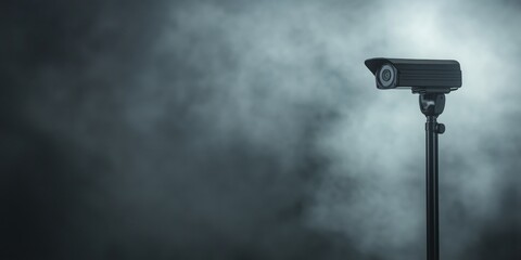 A security camera standing amid fog, symbolizing security, vigilance, and modern surveillance technology.