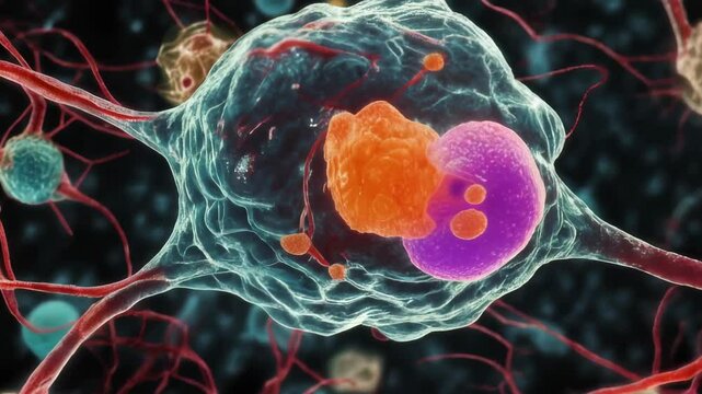 Microscopic view of immune cells attacking a neuron with amyloid plaques. This medical animation shows the complex interaction between the immune system and the nervous system