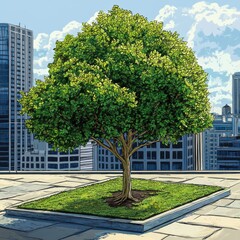 A vibrant green tree stands alone on a rooftop, surrounded by a modern city skyline under a bright blue sky.
