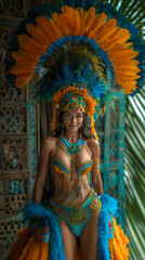Fototapeta premium Vibrant carnival portrait of a Brazilian woman in a feathered costume, radiating joy and energy. Perfect for festival, celebration or party themes.