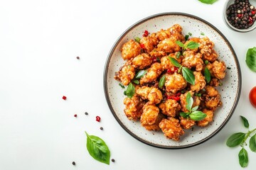 Plate with tasty fried popcorn chicken on white background 