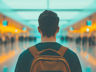 Fototapeta premium traveler with backpack stands in airport terminal, gazing ahead with anticipation for journey